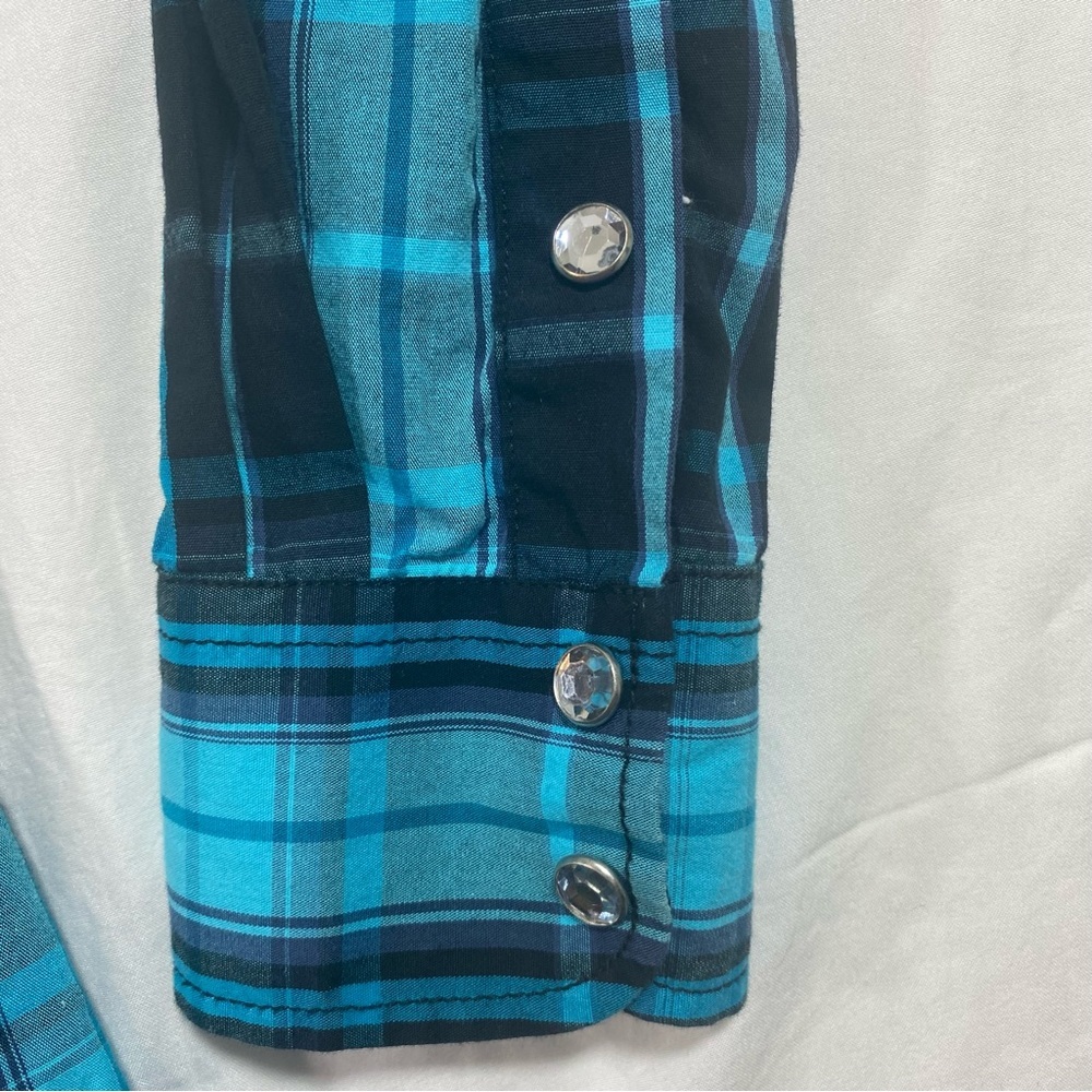 Cowgirl Pearl Snap Button Shirt Plaid long sleeve Blue white rodeo Western Shirt - Picture 4 of 9